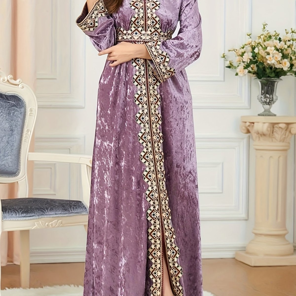 Elegant Velvet Embroidered Abaya Kaftan for Women – V - Neck Maxi Dress with Belt - Free Delivery Worldwide only at Flexi Africa