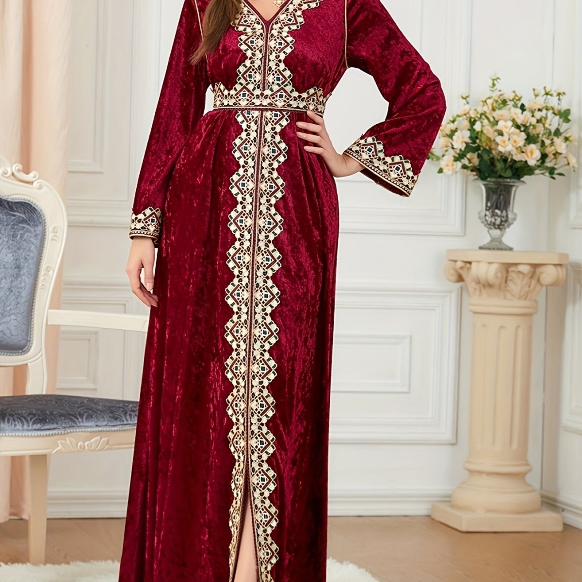 Elegant Velvet Embroidered Abaya Kaftan for Women – V - Neck Maxi Dress with Belt - Free Delivery Worldwide only at Flexi Africa