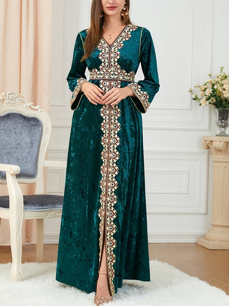 Elegant Velvet Embroidered Abaya Kaftan for Women – V - Neck Maxi Dress with Belt - Free Delivery Worldwide only at Flexi Africa