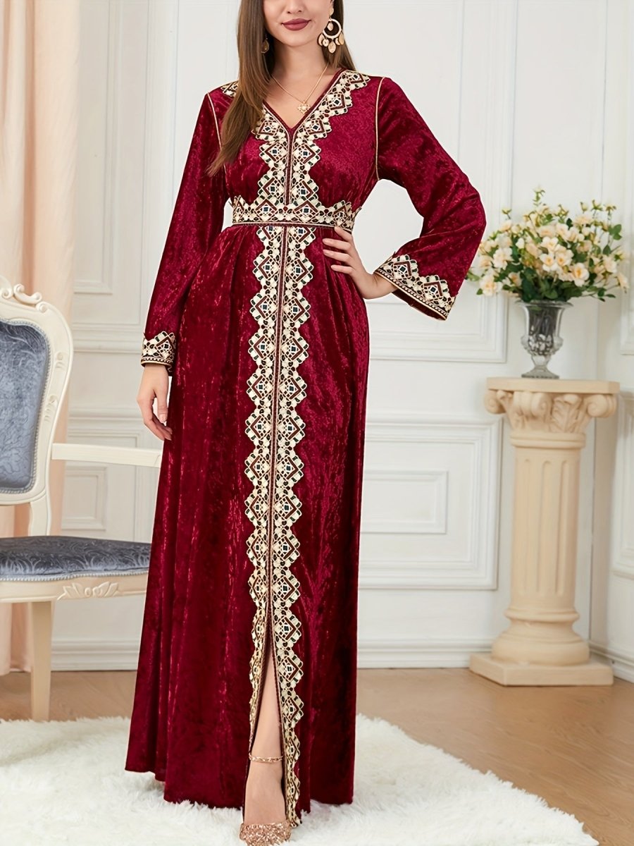 Elegant Velvet Embroidered Abaya Kaftan for Women – V - Neck Maxi Dress with Belt - Free Delivery Worldwide only at Flexi Africa