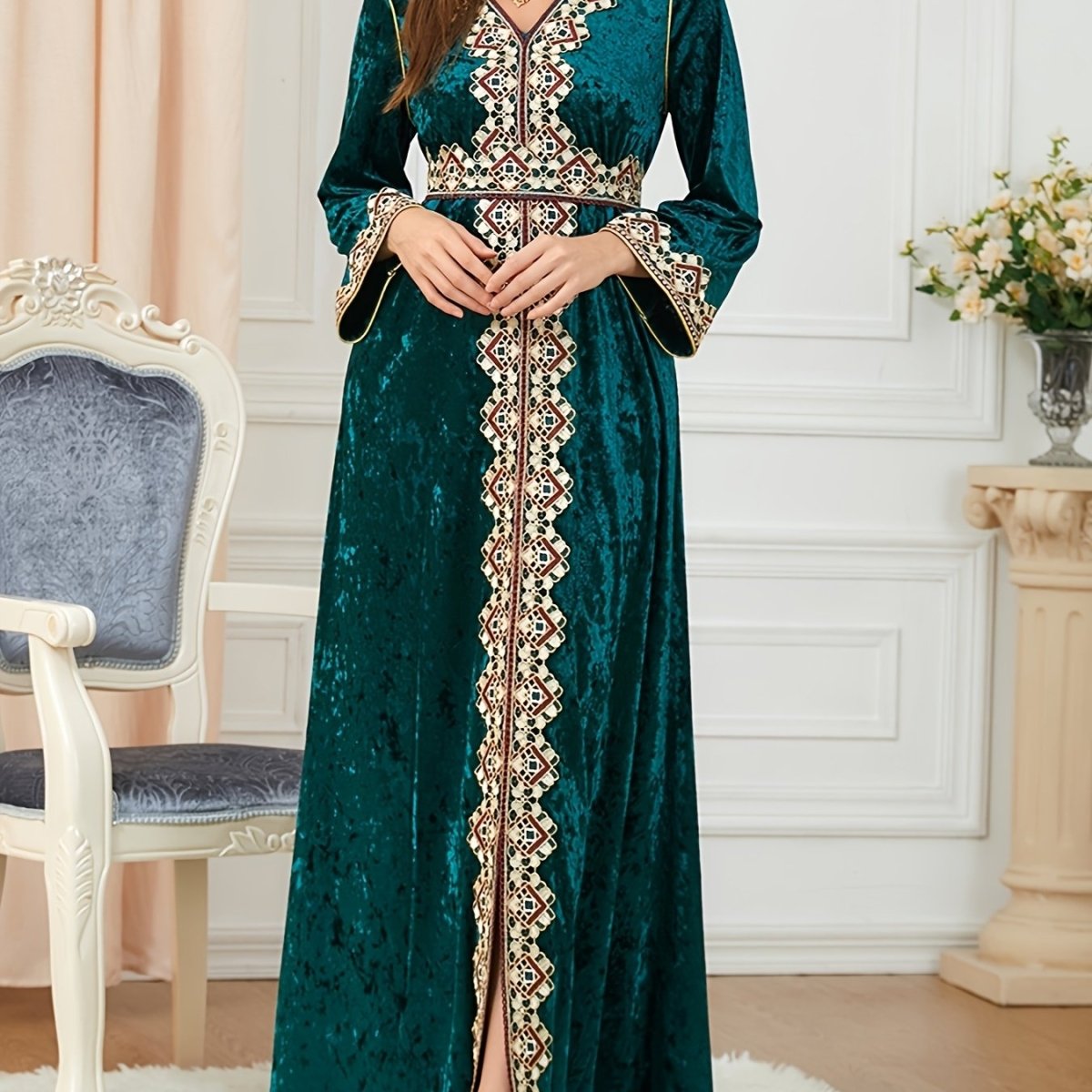 Elegant Velvet Embroidered Abaya Kaftan for Women – V - Neck Maxi Dress with Belt - Free Delivery Worldwide only at Flexi Africa