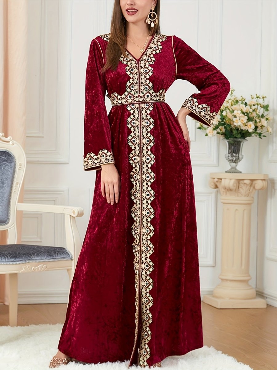Elegant Velvet Embroidered Abaya Kaftan for Women – V - Neck Maxi Dress with Belt - Free Delivery Worldwide only at Flexi Africa
