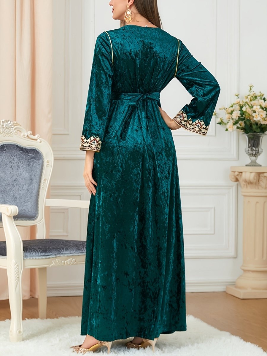 Elegant Velvet Embroidered Abaya Kaftan for Women – V - Neck Maxi Dress with Belt - Free Delivery Worldwide only at Flexi Africa