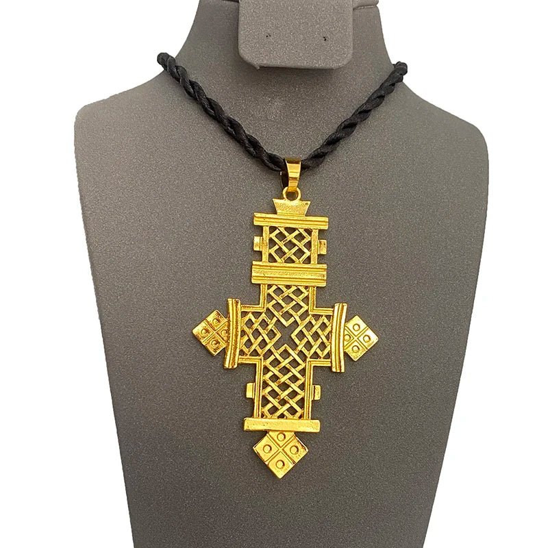 Ethiopian Cross Pendant Necklace with 80cm Twisted Chain – Gold Color African Wedding Party Jewelry Gift - Free Delivery Worldwide only at Flexi Africa