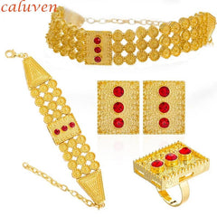 Ethiopian Gold Jewelry Set – Colored Stone Choker Necklace, Earrings, Ring, and Bracelet - Free Delivery Worldwide only at Flexi Africa