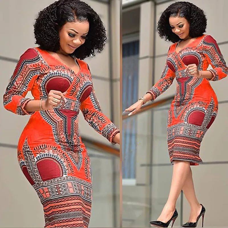 Ethnic Print V-neck Dress: Stylish Package Hip Skirt with A-line Silhouette - Women's Fashion - Flexi Africa