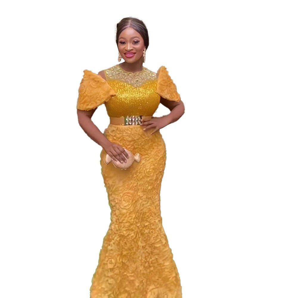 Exquisite African Evening Dresses: Mesh 3D Embroidery, Rhinestone Sequin Belt, and Luxury Elegance - Flexi Africa - Flexi Africa offers Free Delivery Worldwide - Vibrant African traditional clothing showcasing bold prints and intricate designs