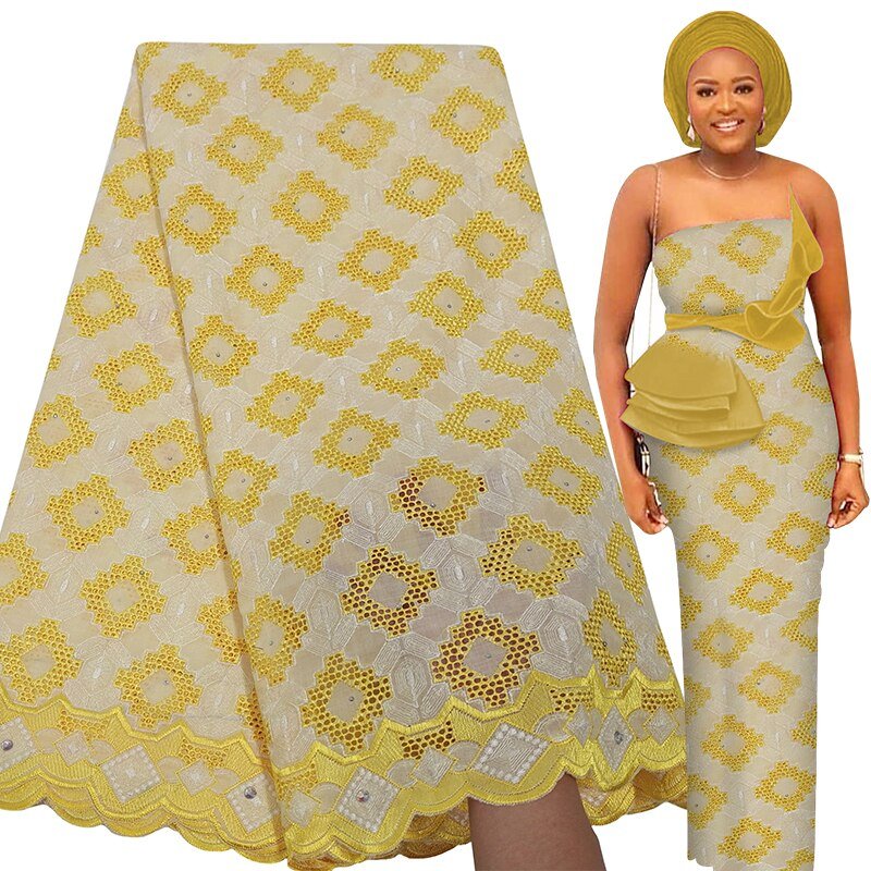 Exquisite Nigerian Party Stone Embroidery Gown: Fashion's 100% Cotton Voile Lace Fabric 2.5 Yards - Flexi Africa