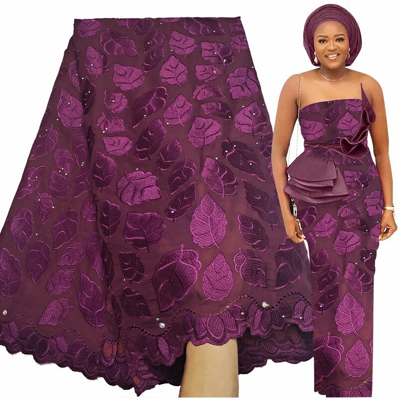 Exquisite Nigerian Party Stone Embroidery Gown: Fashion's 100% Cotton Voile Lace Fabric 2.5 Yards - Flexi Africa