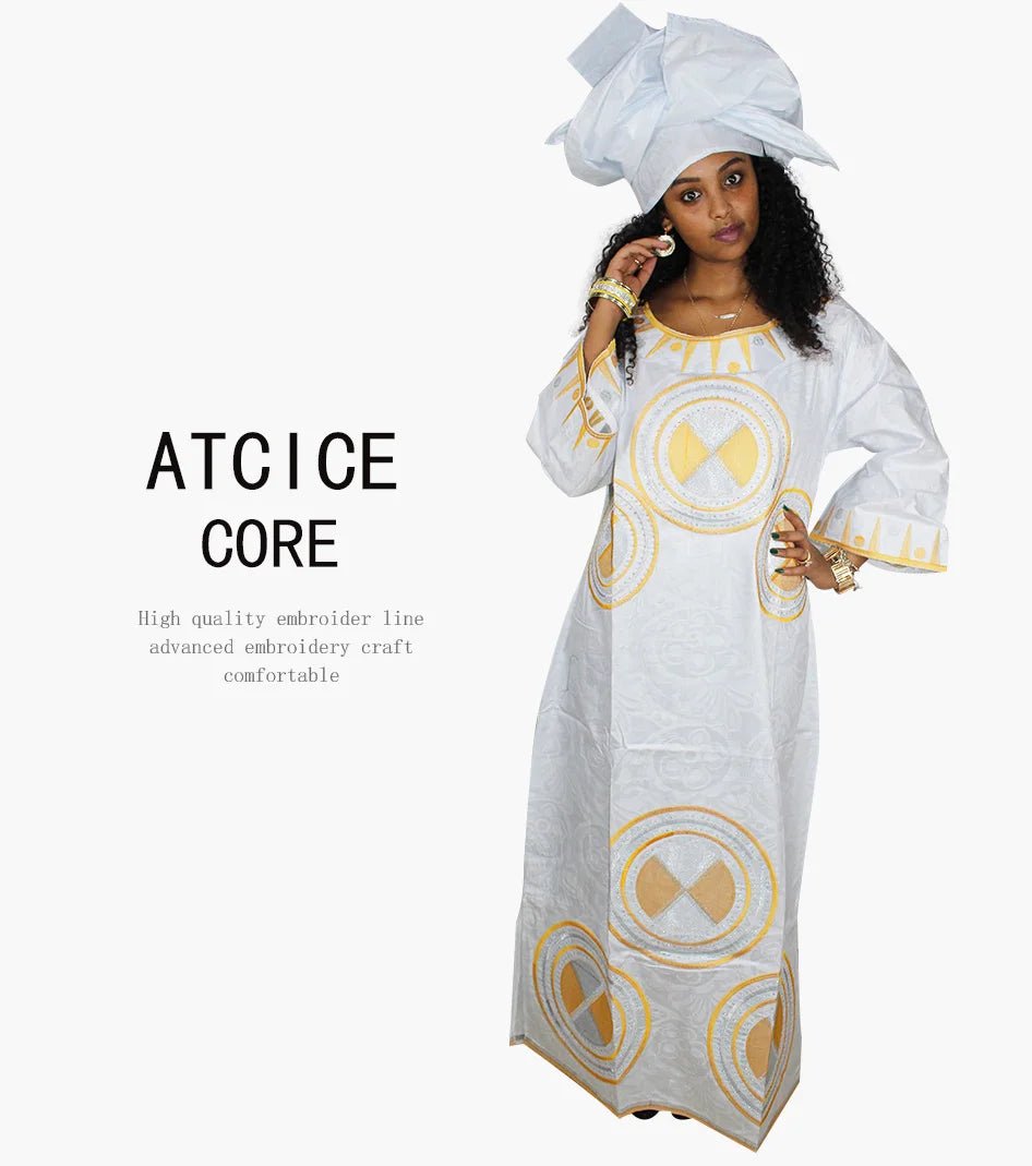 Fashionable African Dresses for Women: Bazin Riche Embroidery Long Dress with Matching Scarf - Free Delivery Worldwide only at Flexi Africa