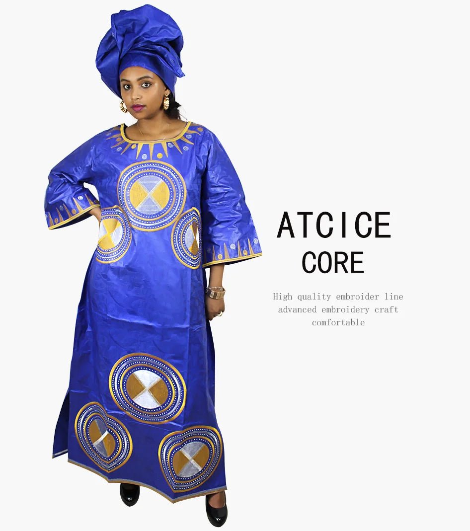 Fashionable African Dresses for Women: Bazin Riche Embroidery Long Dress with Matching Scarf - Free Delivery Worldwide only at Flexi Africa