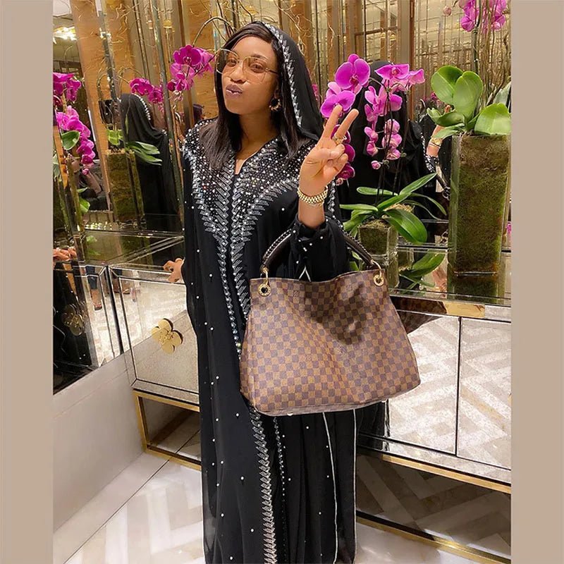 Femme Diamonds Chiffon African Dresses for Women 2024 Hooded Traditional Clothing Dubai Abaya Kaftan Africa Dashiki Robe Gown - Free Delivery Worldwide only at Flexi Africa