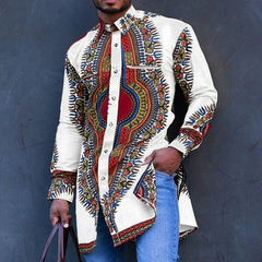 Get Traditional African Style with Long Dashiki Sleeves Polyester Printing Shirt for Men - Free Delivery Worldwide only at Flexi Africa