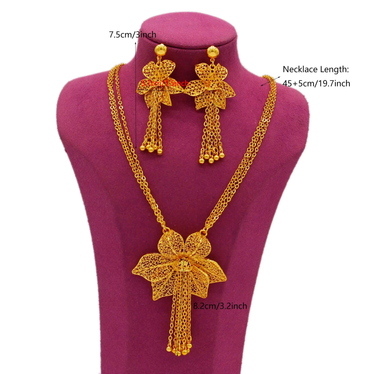 Gold Color Flower Tassel Necklace & Earrings Set: Elegant Ethiopian Bridal Jewelry for Women - Free Delivery Worldwide only at Flexi Africa