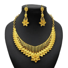 Gold-Plated Jewelry Set: Exquisite 24K Gold-Colored Necklace and Earrings for African Bridal Wear at Nigerian Wedding