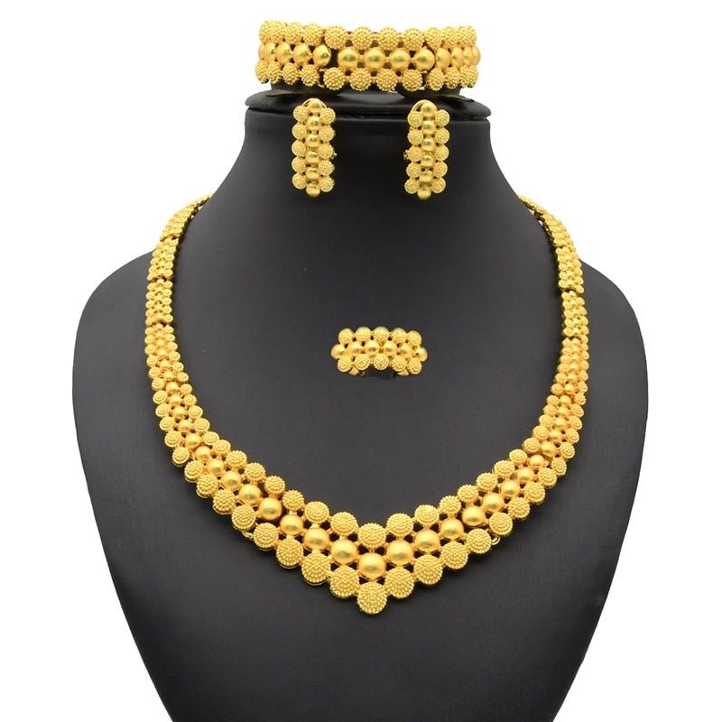 Gold Plated Wedding Jewelry Set - Complete African Chokers Necklace, Earrings, and Rings Fashion Bridal Jewellery Set