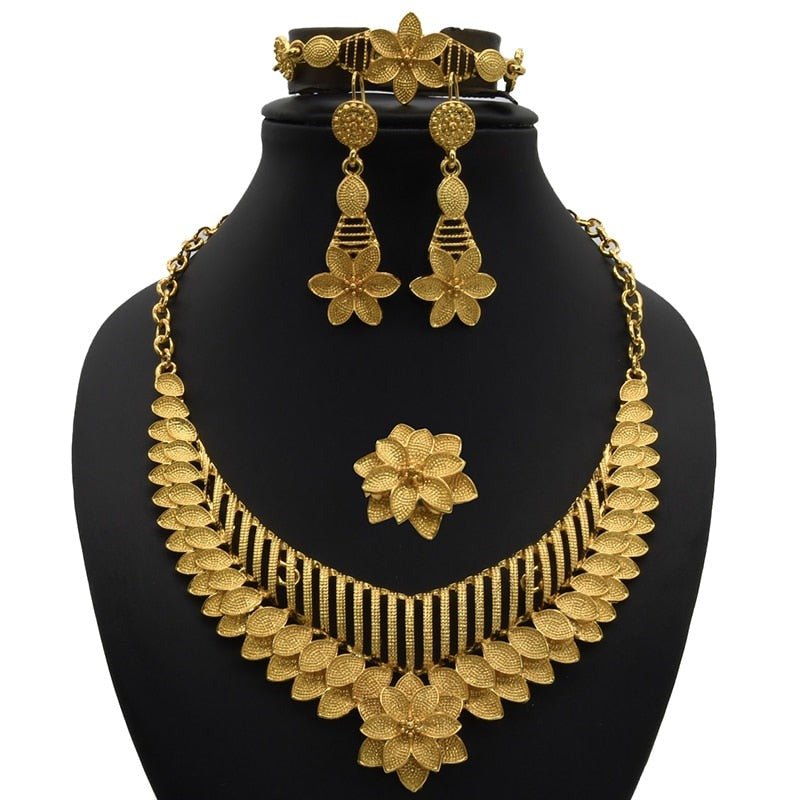 Gold Plated Wedding Jewelry Set - Complete African Chokers Necklace, Earrings, and Rings Fashion Bridal Jewellery Set - Flexi Africa - Flexi Africa offers Free Delivery Worldwide - Vibrant African traditional clothing showcasing bold prints and intricate designs