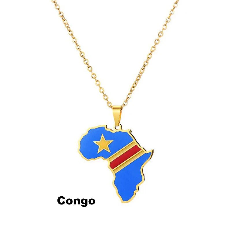 Gold Stainless Steel Africa Map Flag Pendant Necklace African Countries - Flexi Africa - Flexi Africa offers Free Delivery Worldwide - Vibrant African traditional clothing showcasing bold prints and intricate designs