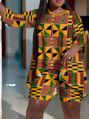 Large Size Fashion African Print Three Quarter Sleeve Shorts Set, Ankara Style, Same Style, African Tribal Style