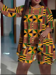 Large Size Fashion African Print Three Quarter Sleeve Shorts Set, Ankara Style, Same Style, African Tribal Style
