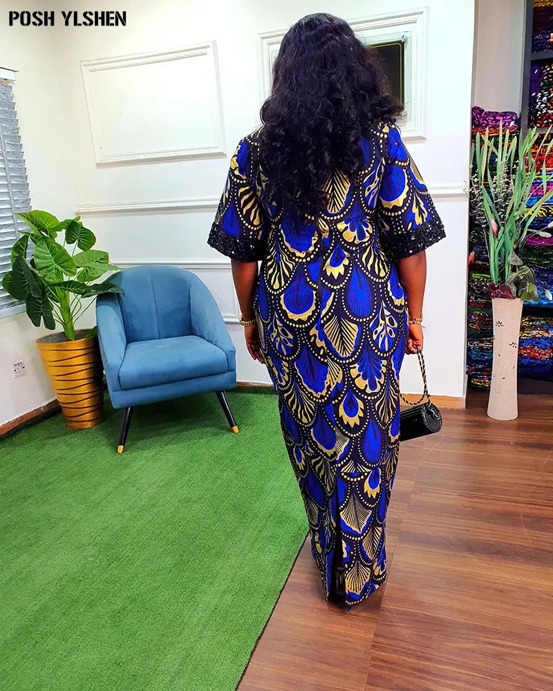 Buy Luxury African Long Gown – Sequin Embellished Caftan Dress with Floral Print and Slit for only $61.49 at Flexi Africa!