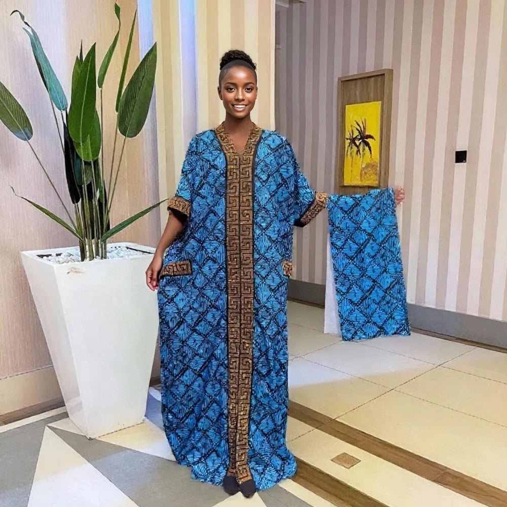 Luxury African Print Bubu Dress – V - Neck Loose Evening Gown with Rhinestone Pocket - Free Delivery Worldwide only at Flexi Africa