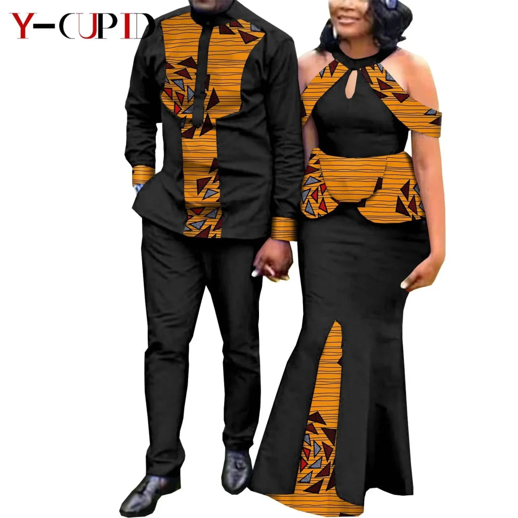Buy Matching Bazin African Couple Attire – Women’s Mermaid Dress & Men’s Shirt Pant Set for only $67.83 at Flexi Africa!