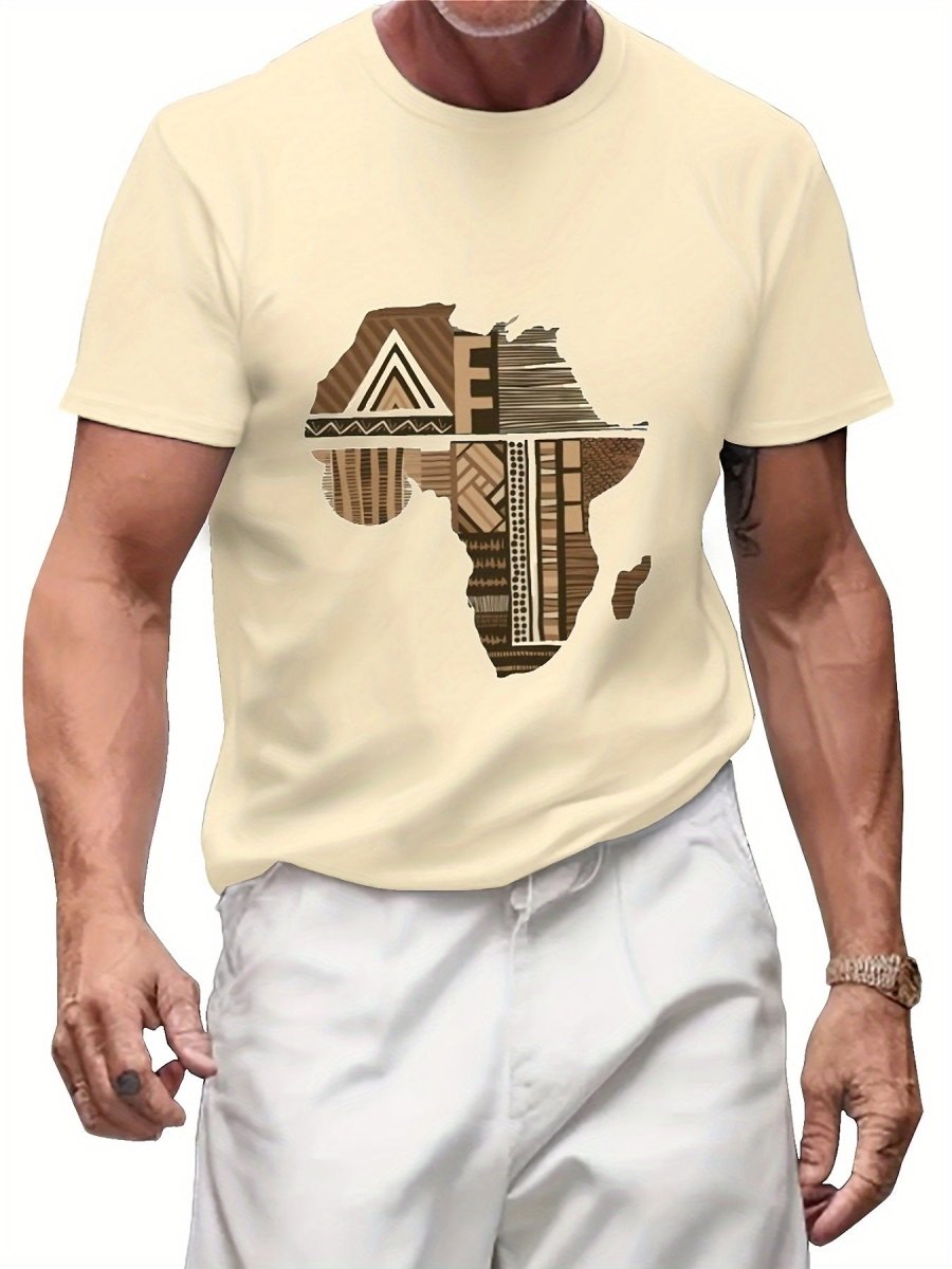 Men's 100% Cotton T-Shirt with African Map Geometric Design – Casual, Comfortable, and Unisex for All Seasons, Short Sleeve Crew Neck Tee in Beige, Casual Wear Tee | Crew Neck Shirt | 100% Cotton Fabric - Free Delivery Worldwide only at Flexi Africa