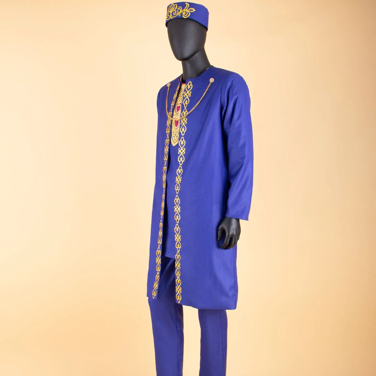 Men's African Agbada Robe 4PC Set – Embroidered Dashiki Shirt, Pants, Hat & Chain for Weddings and Evening - Free Delivery Worldwide only at Flexi Africa