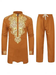 Mens' African Traditional Cotton Suit: 2PC Dashiki Set with Long Sleeve Gold Print Shirt and Pants - Flexi Africa FREE POST