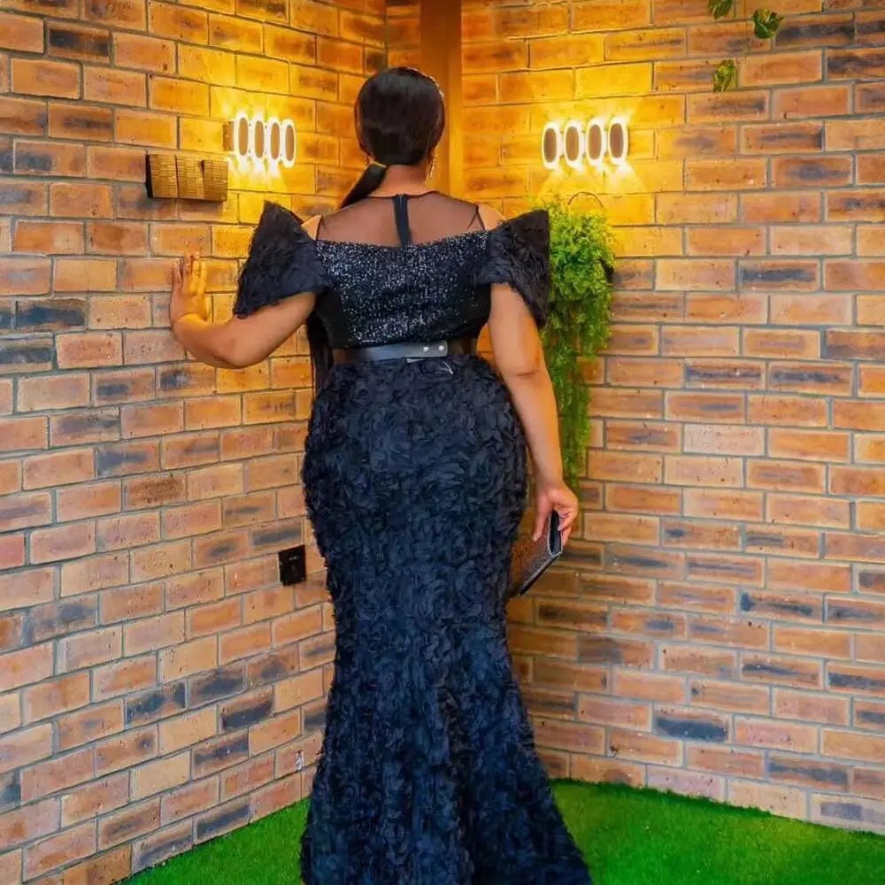New african dresses for woman Mesh 3D embroidery Africa dress rhinestone sequin belt elegant evening dresses for women luxury - Free Delivery Worldwide only at Flexi Africa