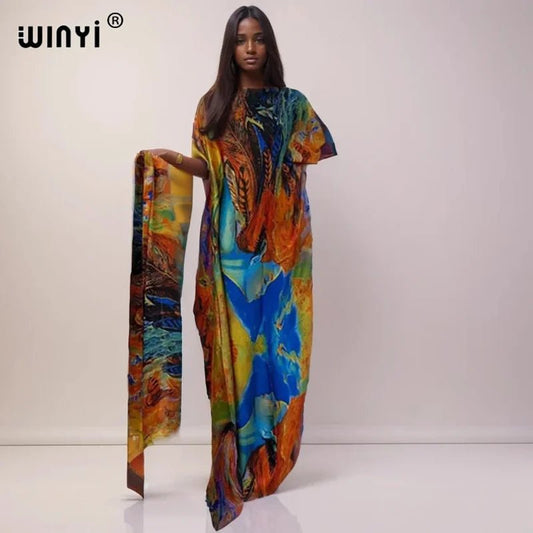 NEW WINYI african woman dresses Long Dress with belt Women Oil painting print kaftan Casual Elegant Holiday Bohemian party dress - Free Delivery Worldwide only at Flexi Africa