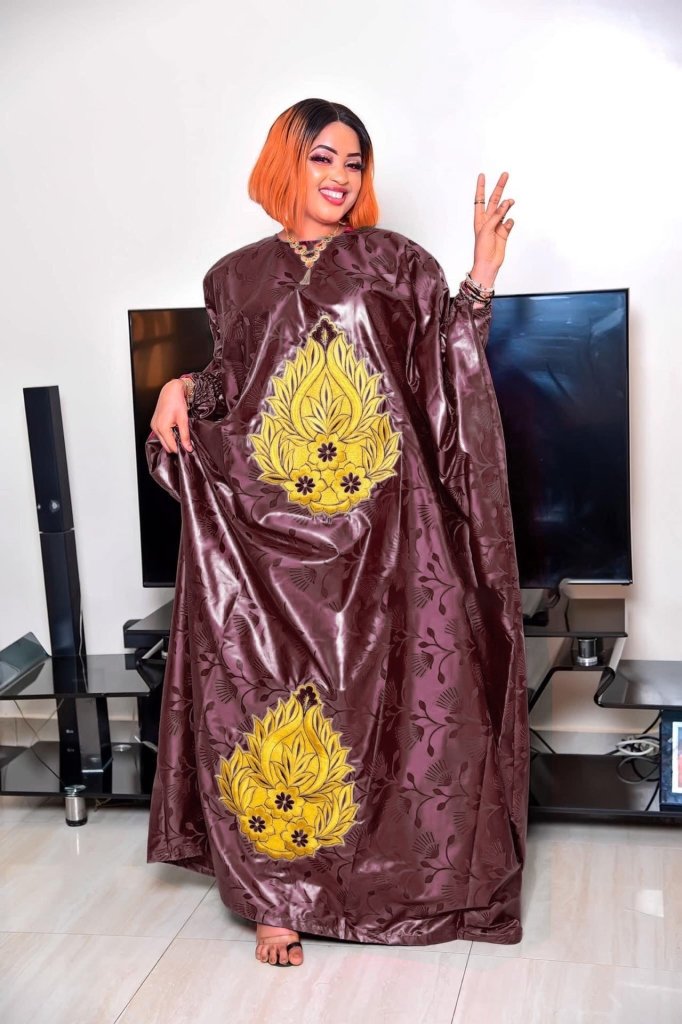 Plus Size African Bazin Riche Dress for Women – Elegant Floor - Length Embroidered Gown with Matching Scarf - Free Delivery Worldwide only at Flexi Africa