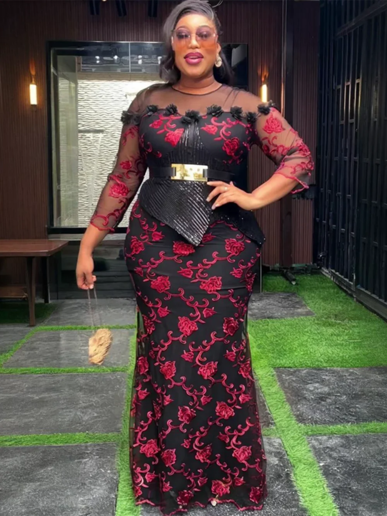 Plus Size African Dresses for Women – Luxury Embroidery Sequin Long Wedding Party Gown - Free Delivery Worldwide only at Flexi Africa