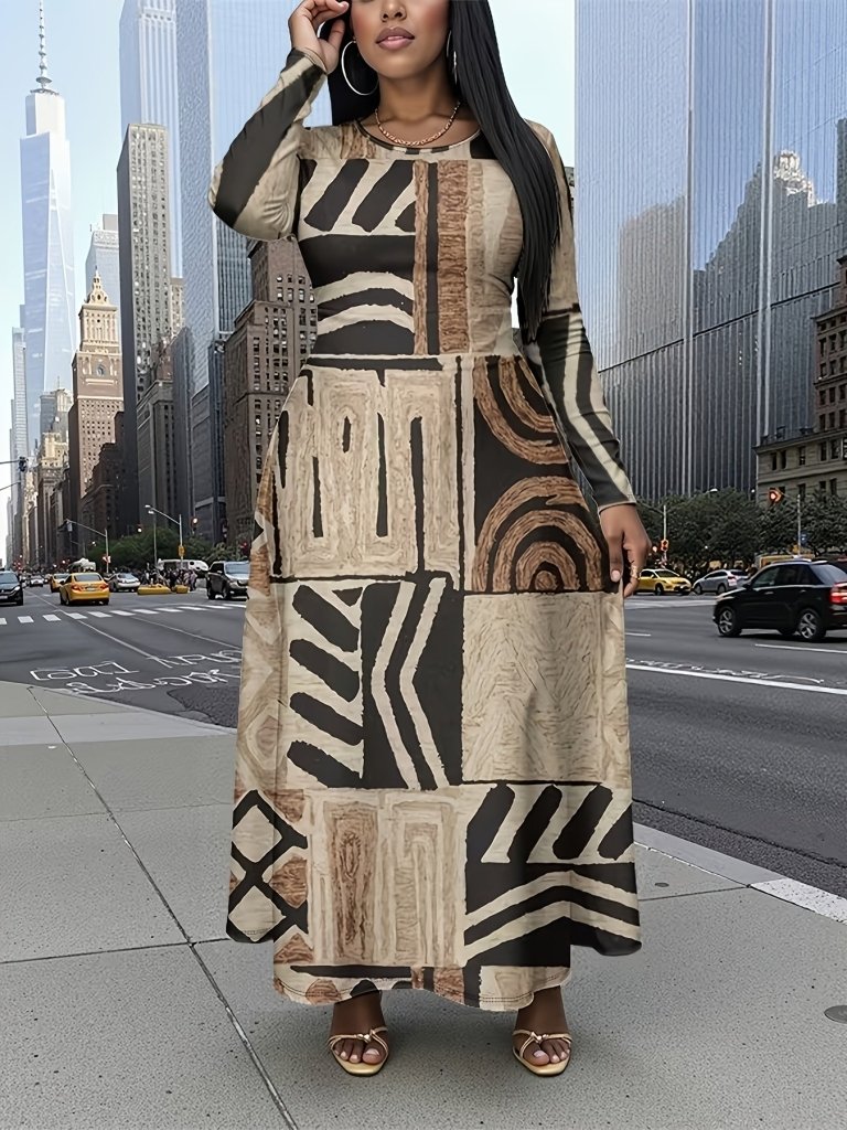 Plus Size African - Indian Tribal Maxi Dress – Long Sleeve A - Line Fit - Free Delivery Worldwide only at Flexi Africa