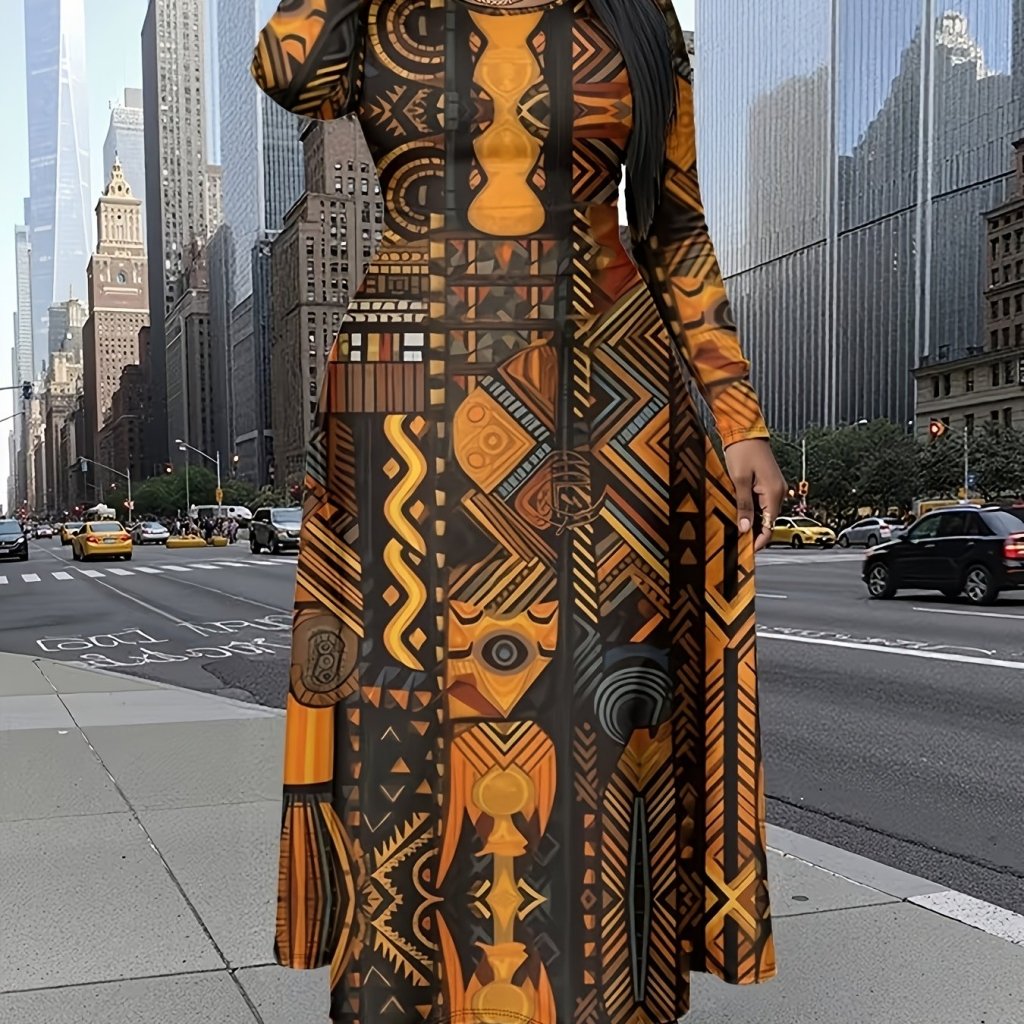 Plus Size African Tribal Print Maxi Dress – Long Sleeve A - Line Fit - Free Delivery Worldwide only at Flexi Africa