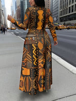 Plus Size African Tribal Print Maxi Dress – Long Sleeve A - Line Fit - Free Delivery Worldwide only at Flexi Africa