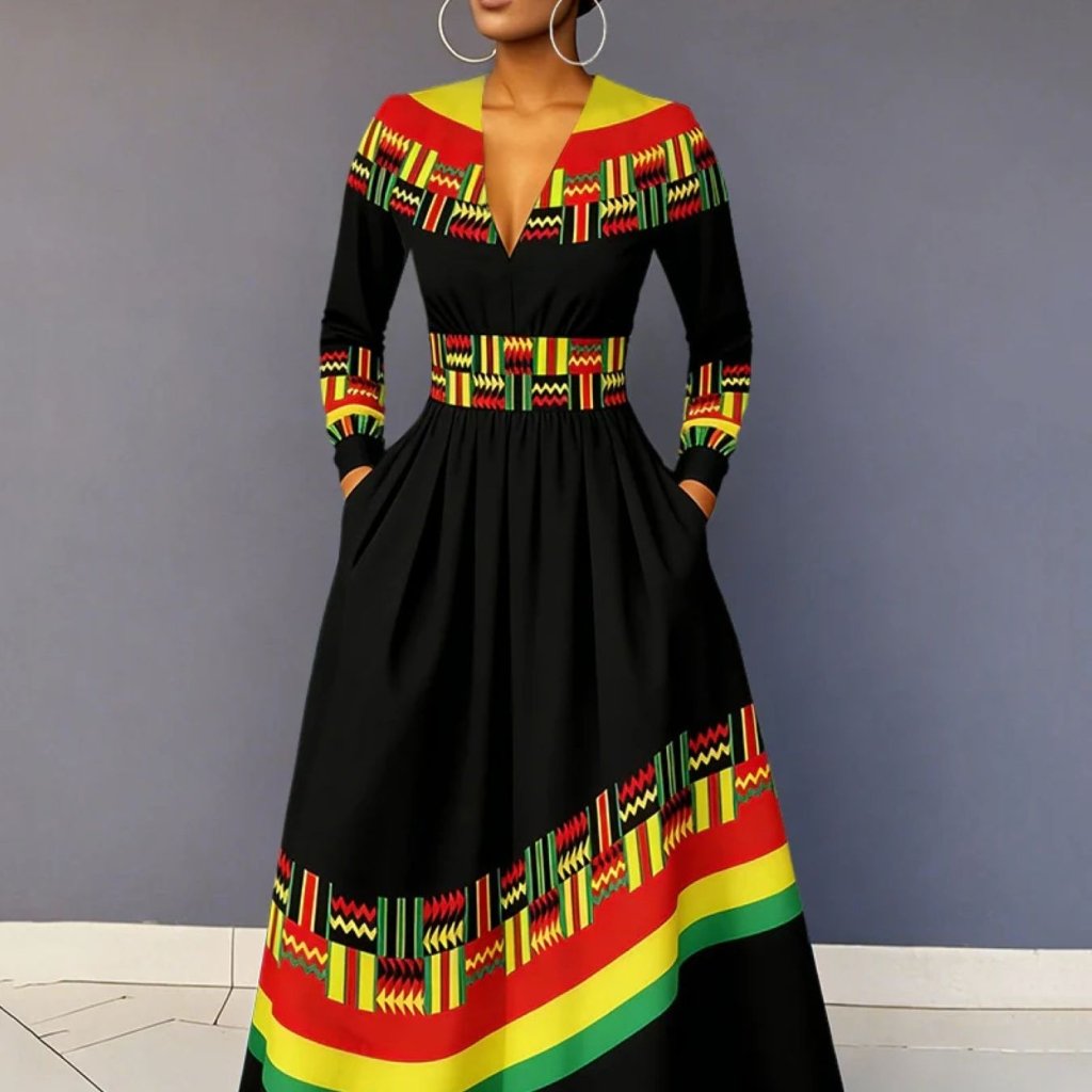 Plus Size Bohemian V - Neck Hooded A - Line Midi Dress – African Egyptian Tribal Geometric Print - Free Delivery Worldwide only at Flexi Africa