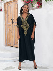 Plus Size Boho Maxi Dress for Ramadan, Women's V Neck Geometric Print Kaftan with Batwing Sleeves - Free Delivery Worldwide only at Flexi Africa