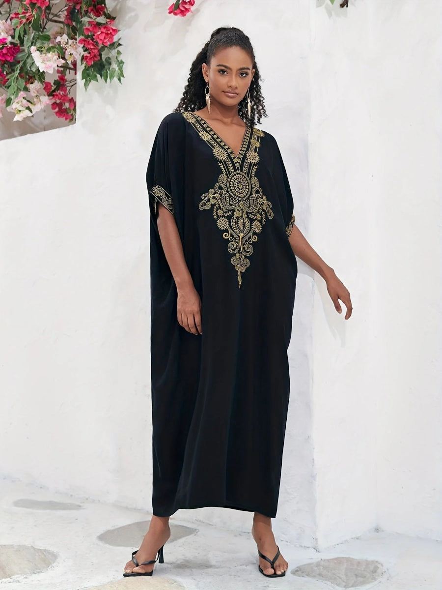 Plus Size Boho Maxi Dress for Ramadan, Women's V Neck Geometric Print Kaftan with Batwing Sleeves - Free Delivery Worldwide only at Flexi Africa