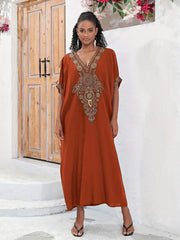 Plus Size Boho Maxi Dress for Ramadan, Women's V Neck Geometric Print Kaftan with Batwing Sleeves - Free Delivery Worldwide only at Flexi Africa