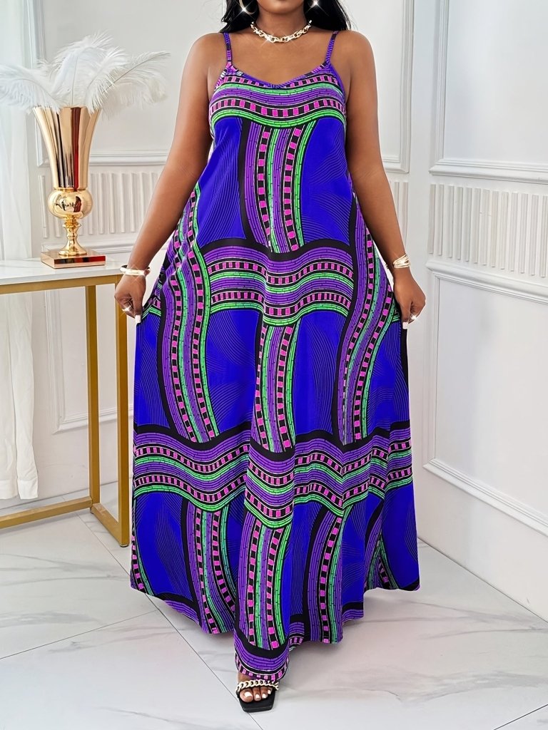 Plus Size Elegant Printed Maxi Dress with Straps & Pockets – Spring Summer Style - Free Delivery Worldwide only at Flexi Africa