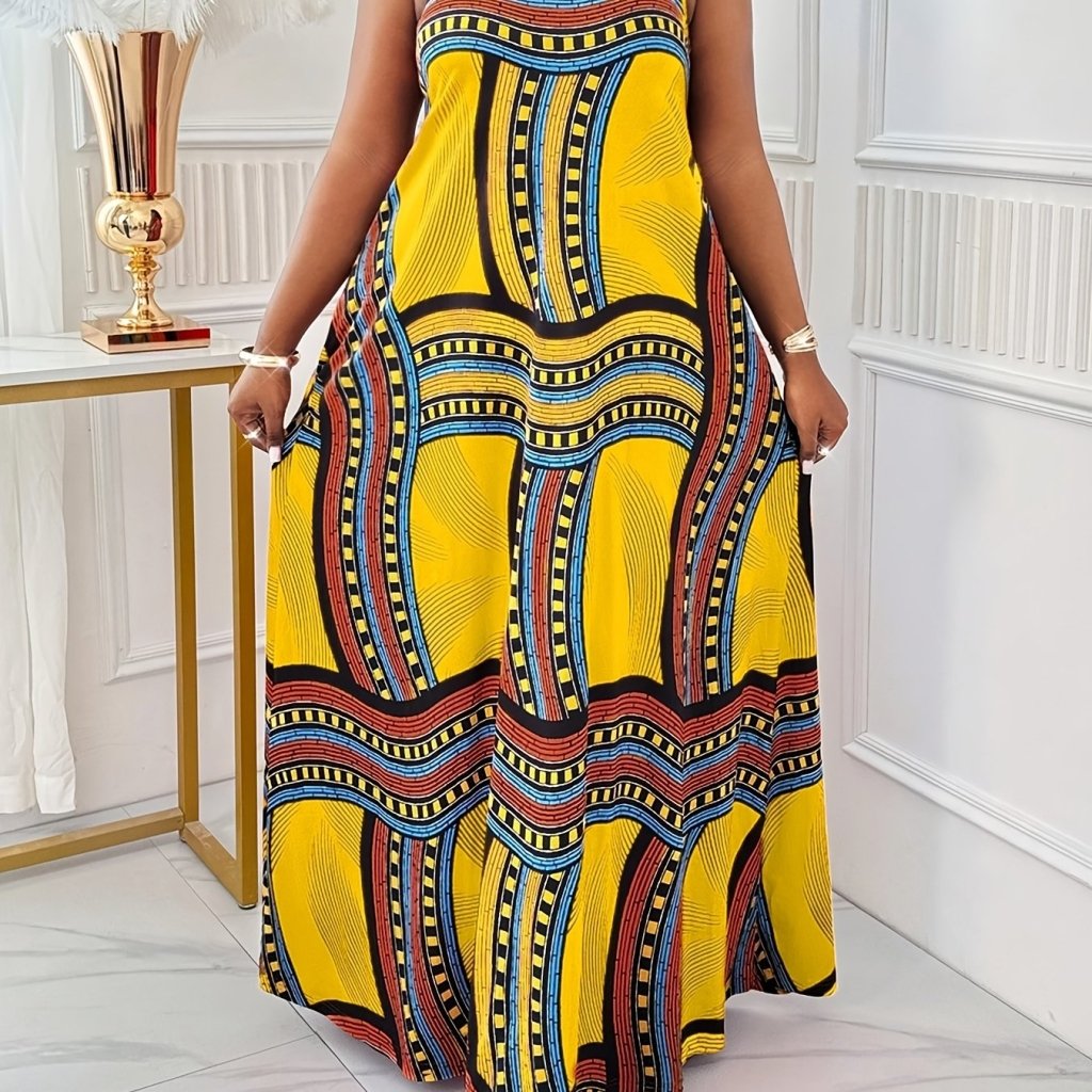 Plus Size Elegant Printed Maxi Dress with Straps & Pockets – Spring Summer Style - Free Delivery Worldwide only at Flexi Africa