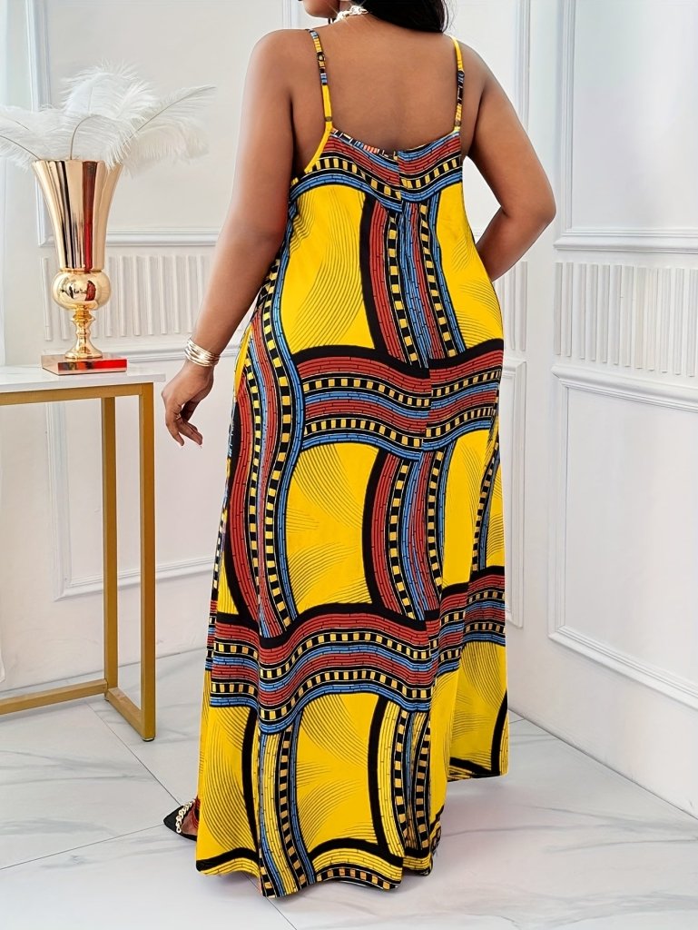 Plus Size Elegant Printed Maxi Dress with Straps & Pockets – Spring Summer Style - Free Delivery Worldwide only at Flexi Africa