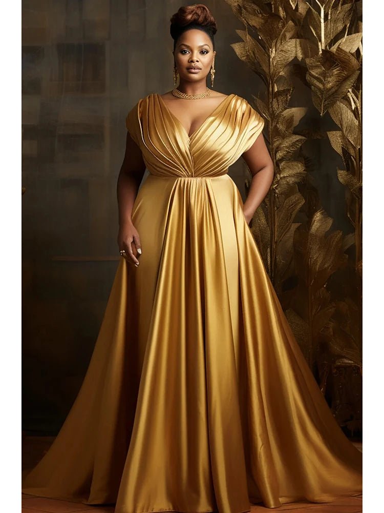Plus Size Formal Evening Satin Dress Elegant Tierred V - Neck Sleeveless Gold Luxury High Waist A - Line Party Wedding Maxi Dresses - Free Delivery Worldwide only at Flexi Africa