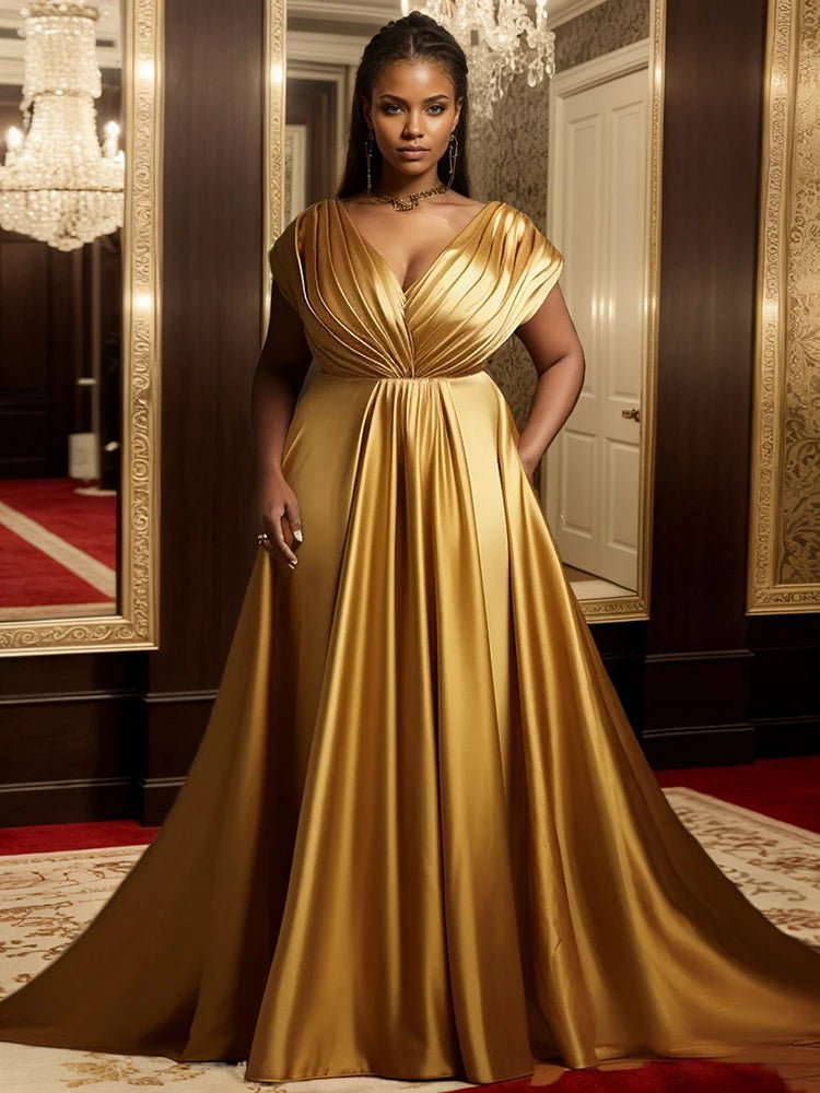 Plus Size Formal Evening Satin Dress Elegant Tierred V - Neck Sleeveless Gold Luxury High Waist A - Line Party Wedding Maxi Dresses - Free Delivery Worldwide only at Flexi Africa