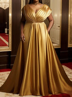 Plus Size Formal Evening Satin Dress Elegant Tierred V - Neck Sleeveless Gold Luxury High Waist A - Line Party Wedding Maxi Dresses - Free Delivery Worldwide only at Flexi Africa