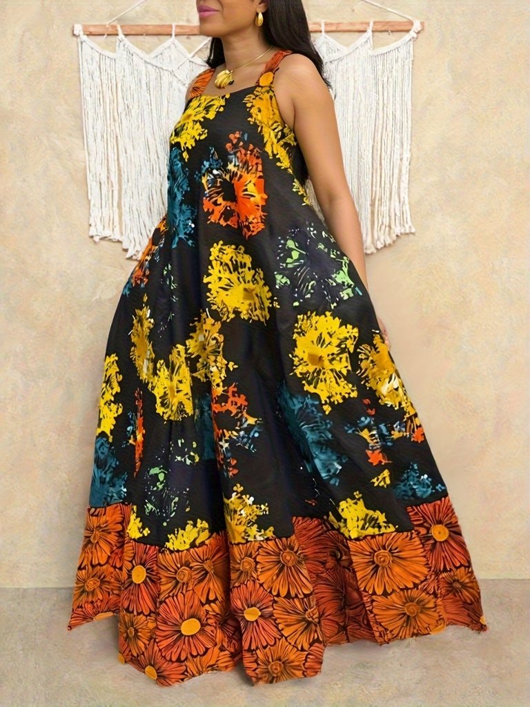 Plus Size Geometric Print Sleeveless Tunic Dress – Square Neck Loose Casual Spring & Fall Fashion - Free Delivery Worldwide only at Flexi Africa