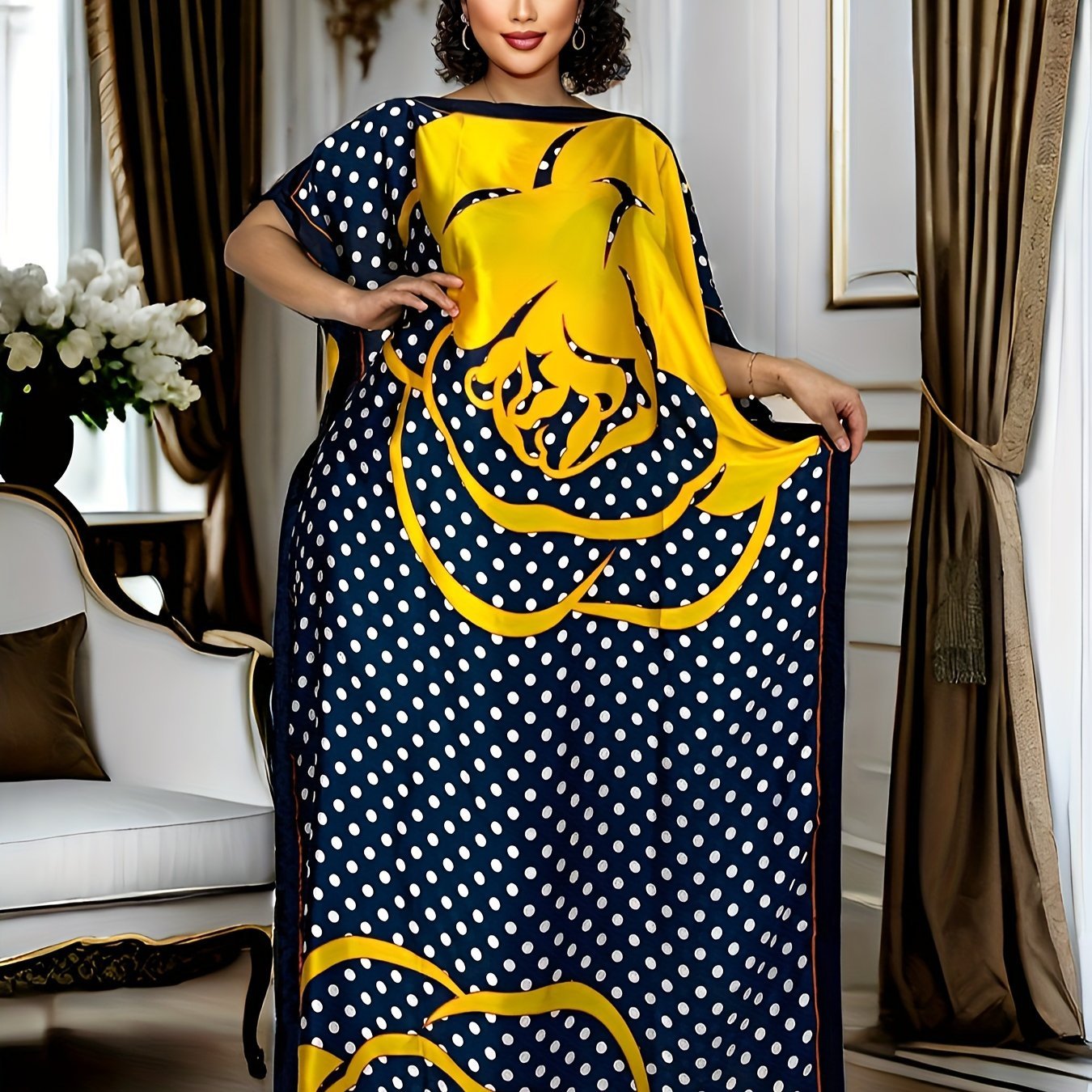 Plus Size Polka Dot Print Kaftan Dress, Modest Crew Neck Short Sleeve Maxi Dress - Free Delivery Worldwide only at Flexi Africa