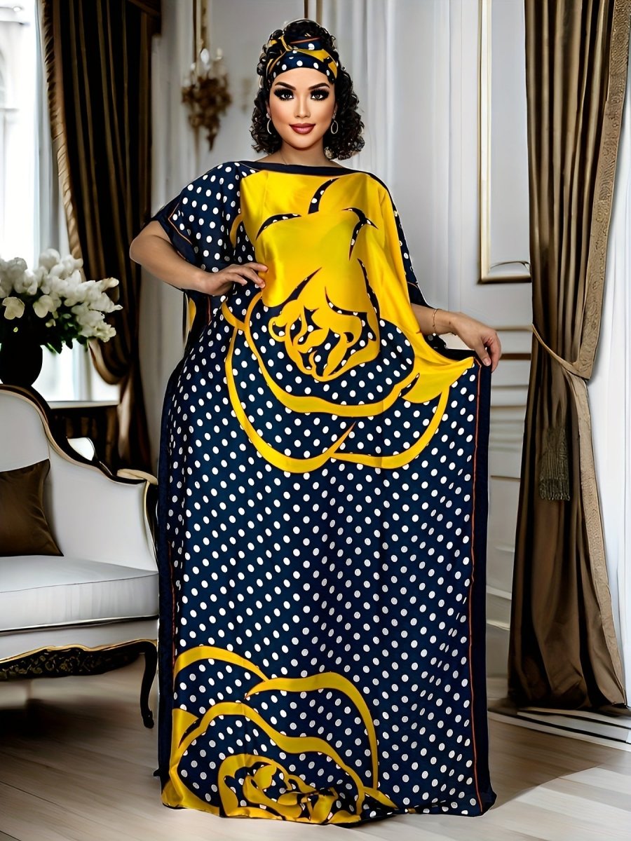 Plus Size Polka Dot Print Kaftan Dress, Modest Crew Short Sleeve Maxi Dress - Free Delivery Worldwide only at Flexi Africa